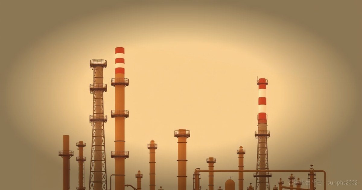 정유 공장의 철제 탑과 배관